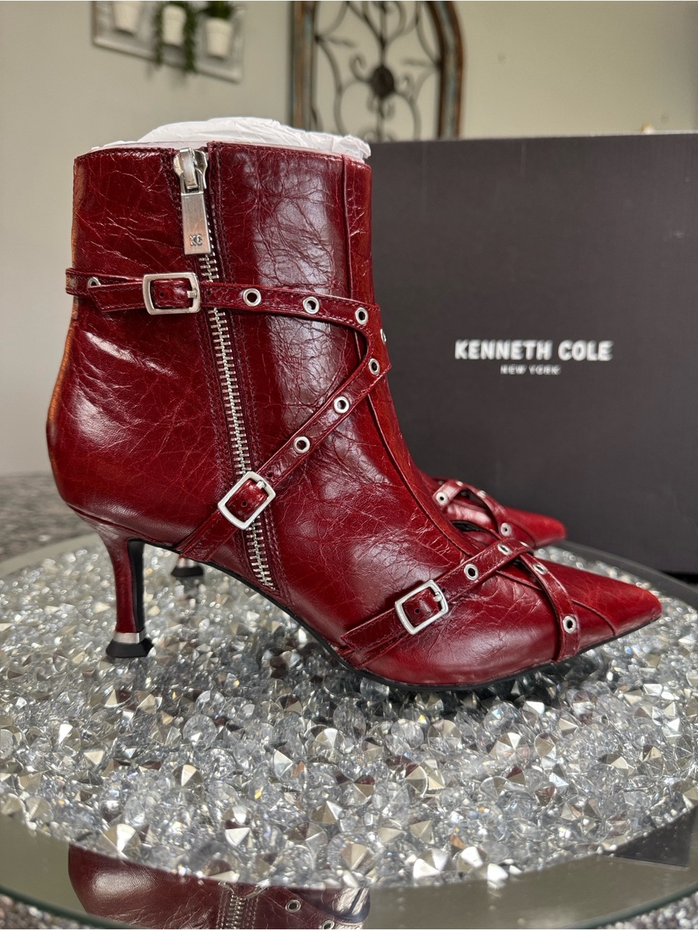 Kenneth Cole Umi Biker Bootie Red Leather Strappy Pointed zipper Ankle Boots NEW
